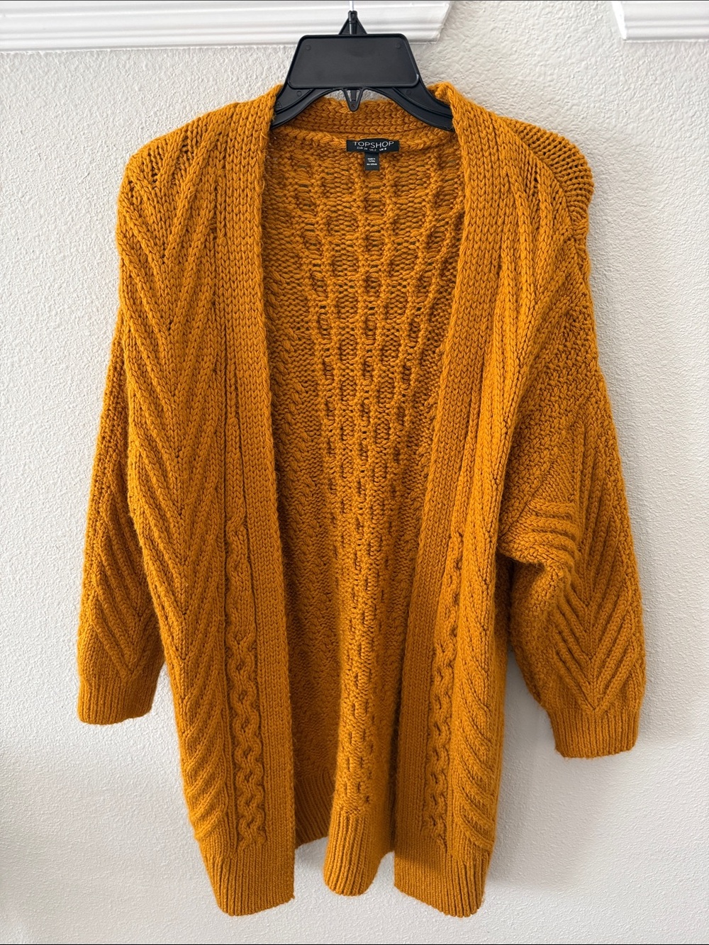 Topshop Mustard Cable Knit Open-Front Cardigan